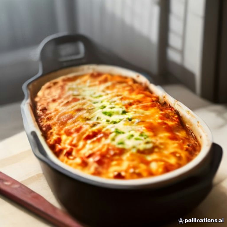 Lasanha de frigideira pronta, com camadas de carne, molho vermelho e queijo derretido, servida em uma panela antiaderente