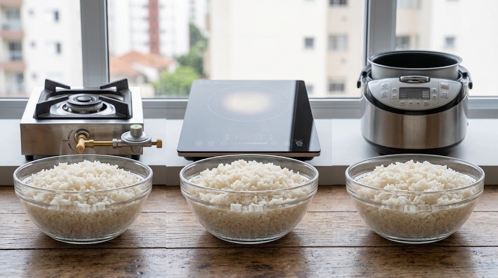 Arroz soltinho no fogão a gás vs. indução vs. panela elétrica: proporções exatas