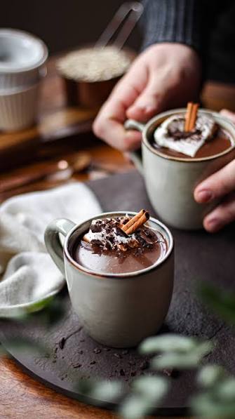 Xícara de chocolate quente aveludado feito com cacau e leite vegetal, decorada com canela