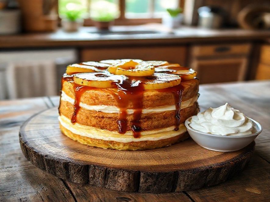 Bolo de Abacaxi com Calda de Rum e Chantilly de Coco