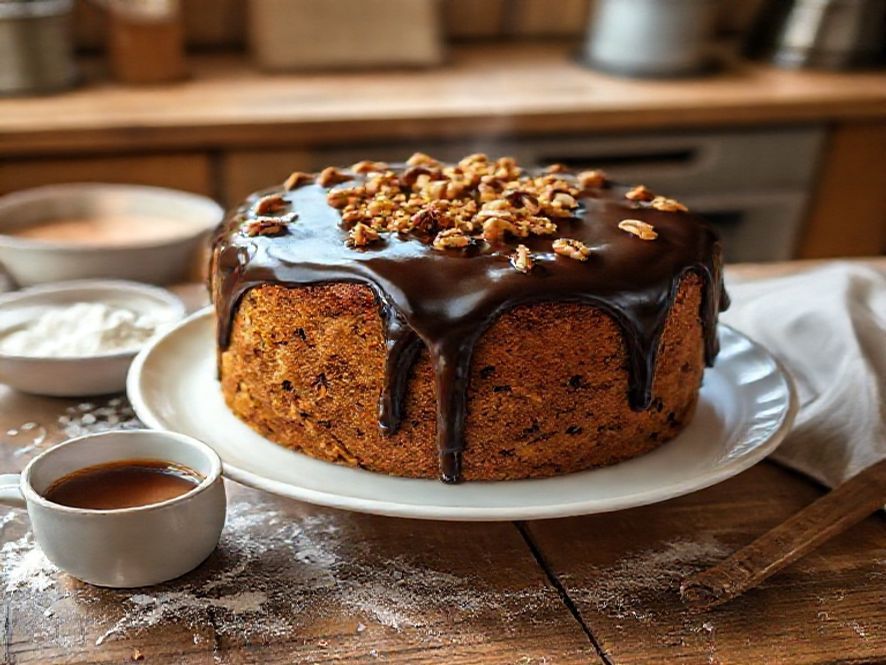 Bolo de Café com Ganache de Chocolate Amargo e Nozes Caramelizadas