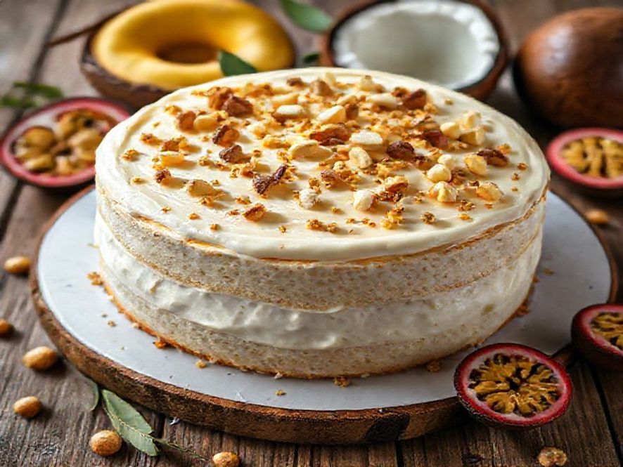 Bolo de Coco com Creme de Maracujá e Crocante de Castanha-do-Pará
