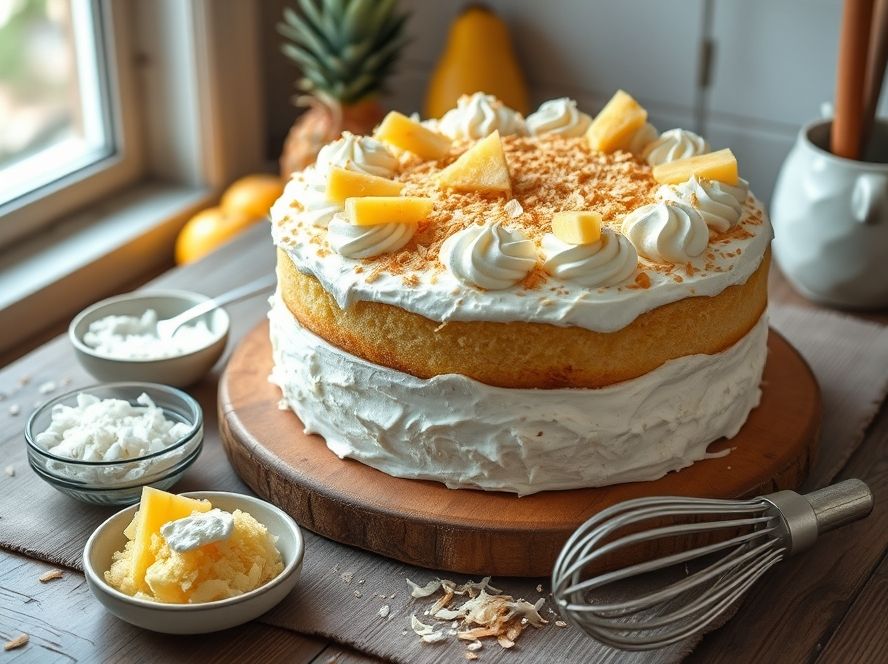 Bolo de Coco Tropical com Recheio de Abacaxi e Chantilly