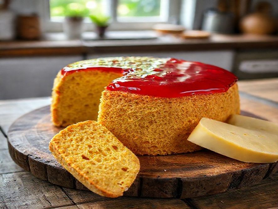 Bolo de Fubá com Geleia de Frutas Vermelhas e Queijo Coalho