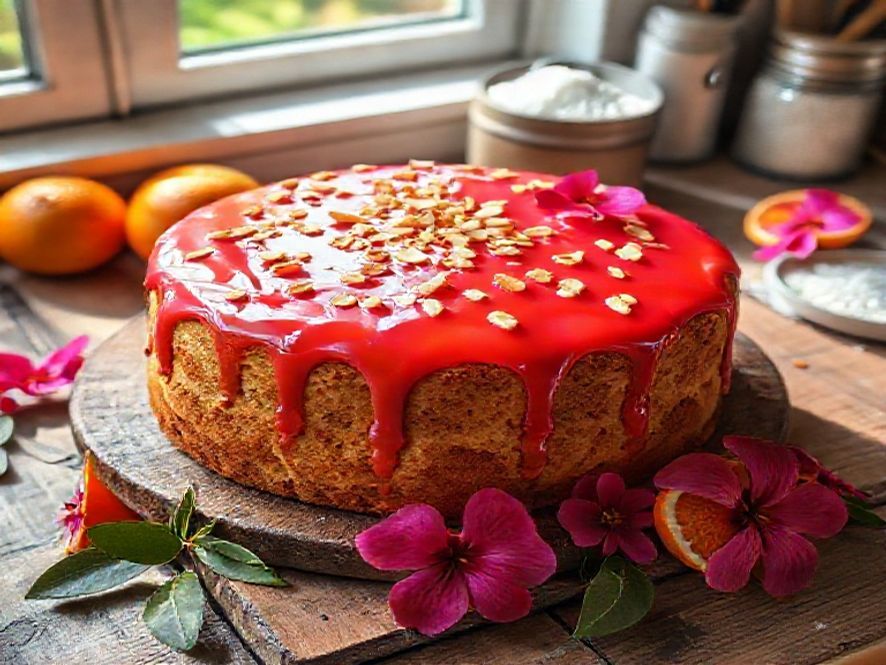 Bolo de Laranja com Calda de Chá de Hibisco e Amêndoas Torradas