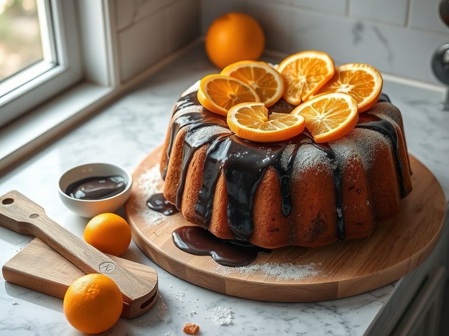 Bolo de Laranja com Calda de Chocolate Amargo