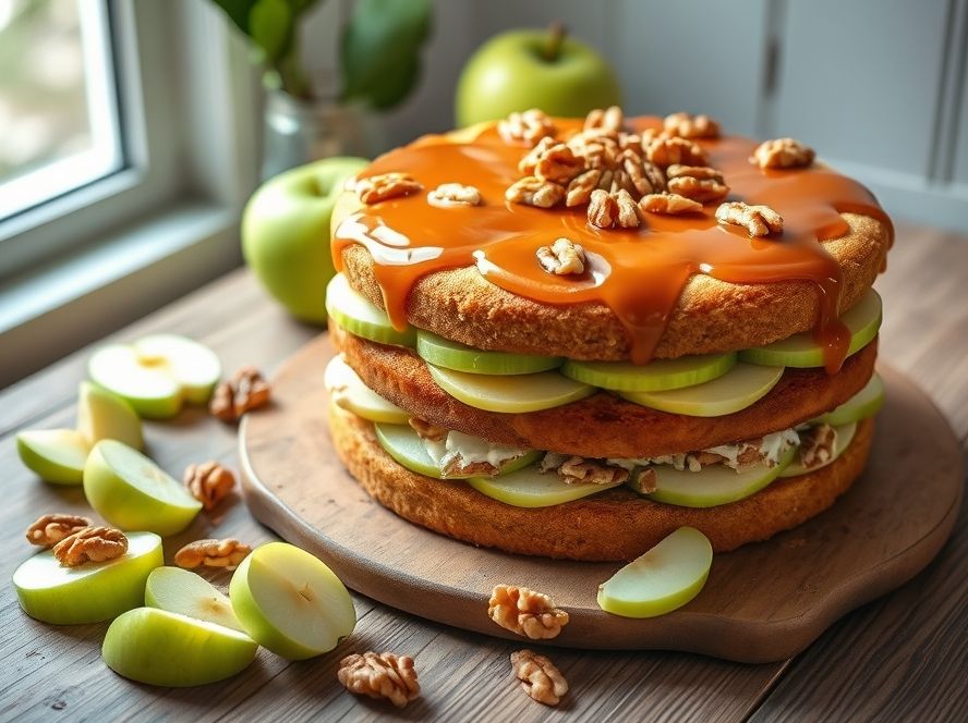 Bolo de Maçã Verde com Nozes e Calda de Caramelo