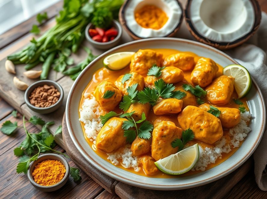 Frango ao curry com leite de coco, especiarias e ervas low carb
