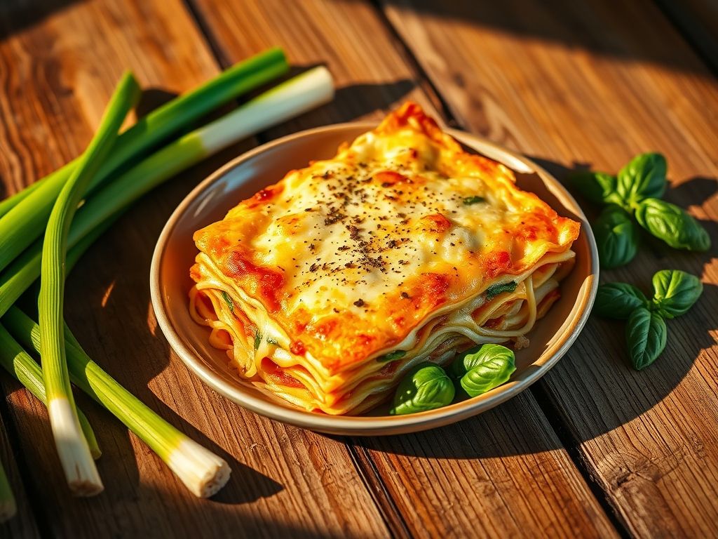 Lasanha de Queijo e Alho-Poró com Toque Brasileiro