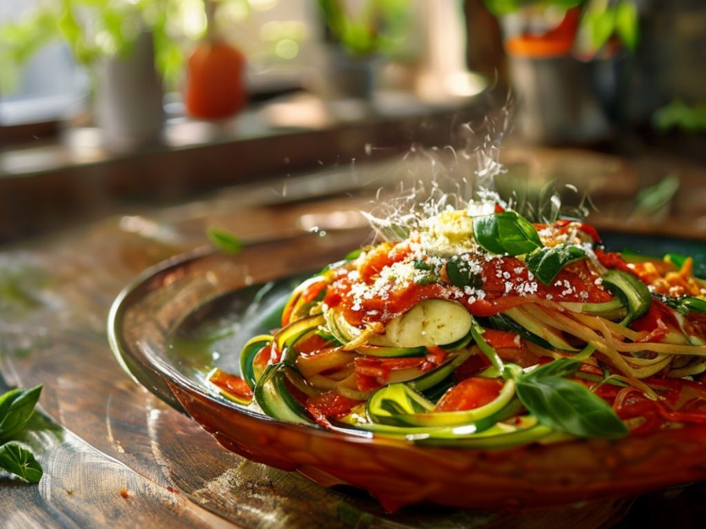 Macarrão de Abobrinha Low Carb com Molho de Tomate e Manjericão