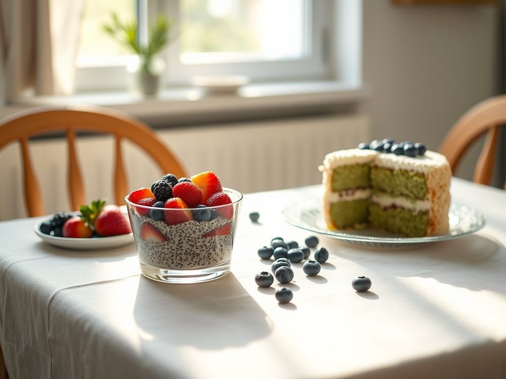 Pudim de Semente de Chia e Bolo de Camomila com Matcha