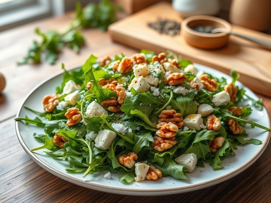 Salada de Rúcula com Nozes, Queijo, Azeite e Especiarias Low Carb