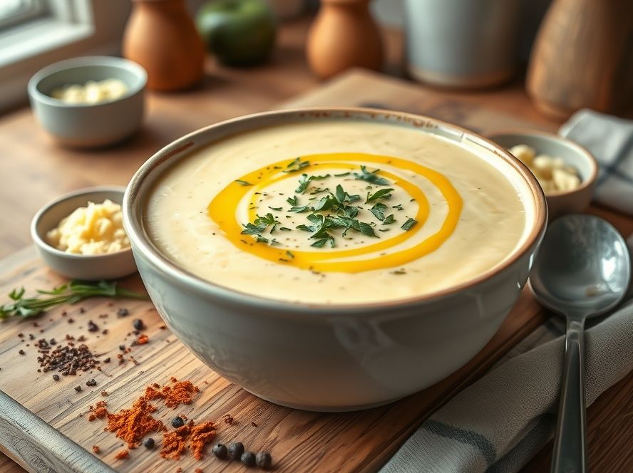 Sopa de couve-flor com queijo, creme e especiarias low carb