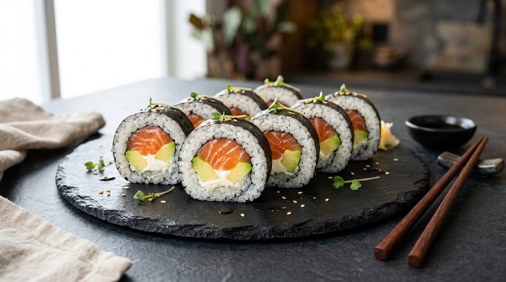 Sushi de preguiçoso cortado em rolinhos com recheio de pepino, cenoura e cream cheese